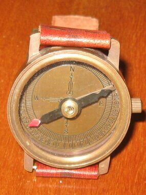 Compass Face Watch Brown Leather Strap w Stop Hold Lever Hiking Camping Tool